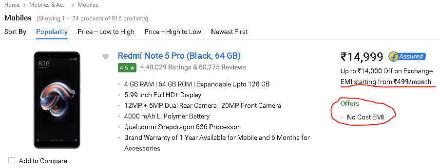 No Cost EMI on Redmi Phone