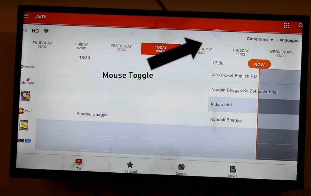 Jio TV on Android TV with Mouse Toggle