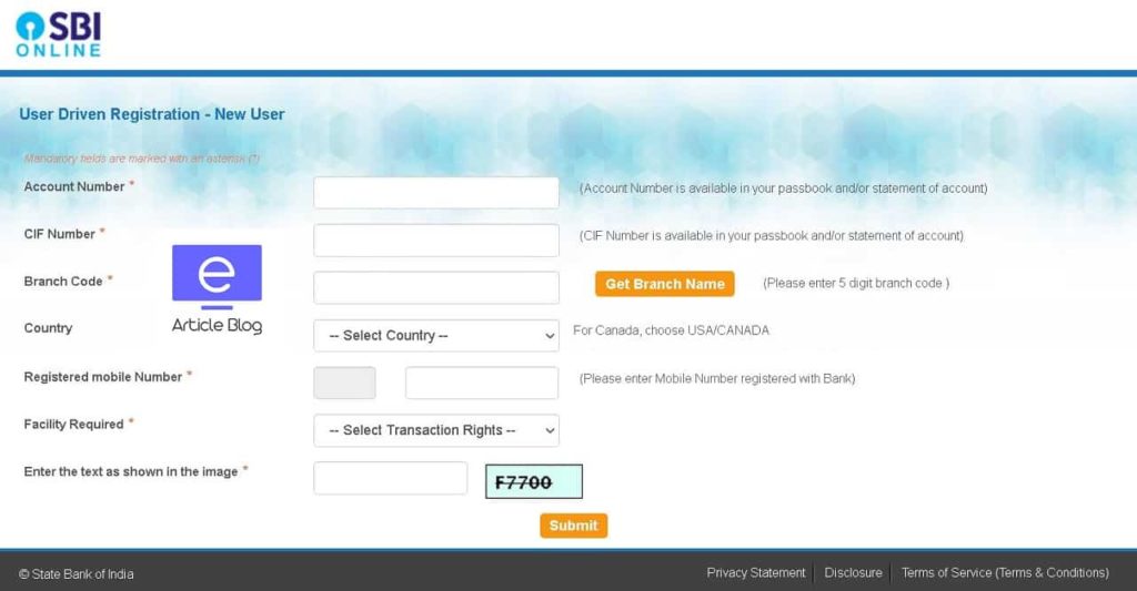 sbi net banking registration form pdf