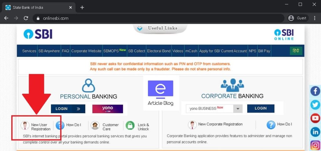 sbi net banking registration without atm card