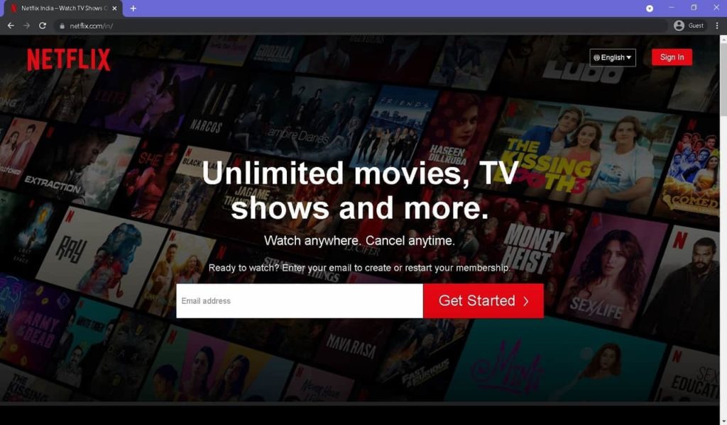 Netflix India Homepage with Signup Box