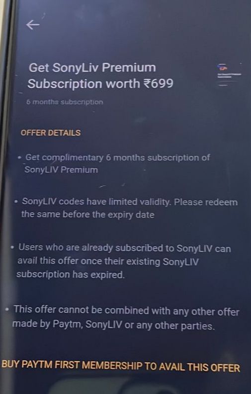 sony liv premium account for free via paytm first membership