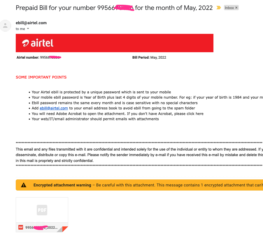 Airtel Bill on Email