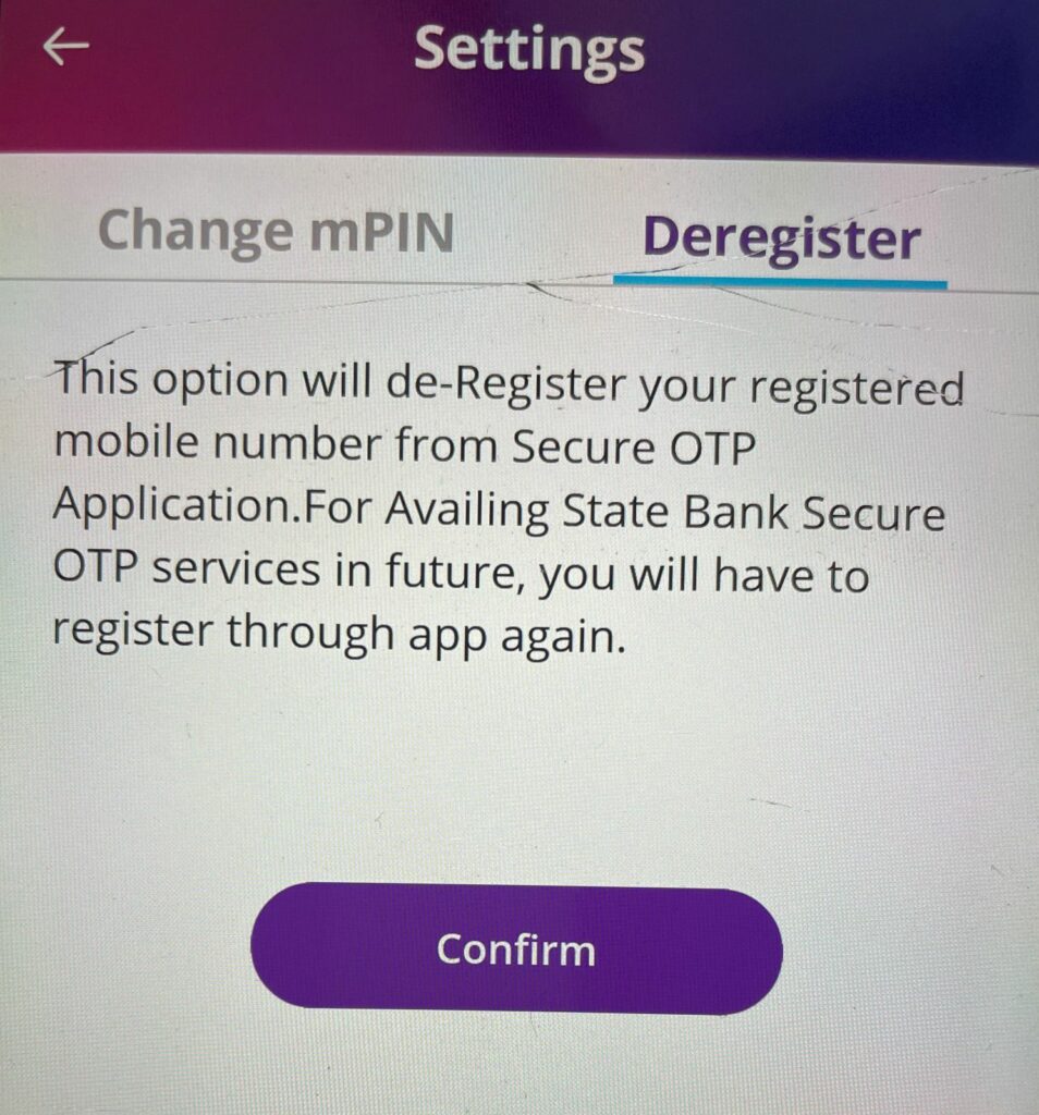 how to deregister sbi secure OTP