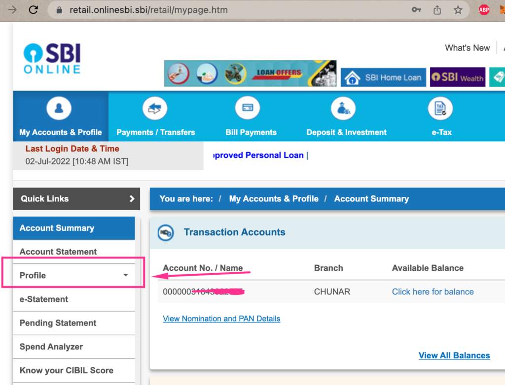 online sbi profile