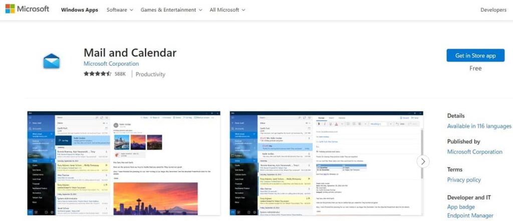 Outlook Mail and Calendar App on Microsoft Windows Store