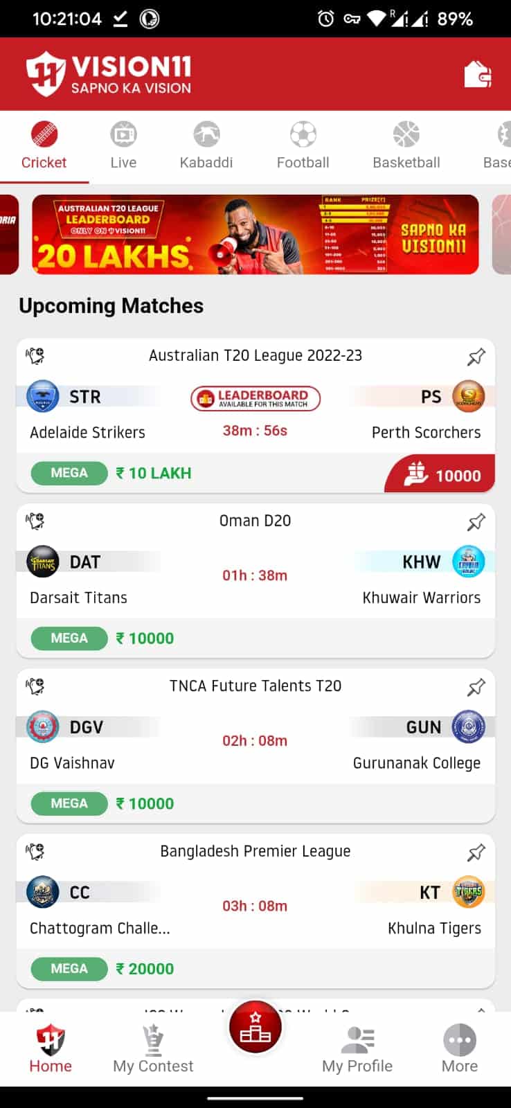 Vision11 App Fantasy Leagues