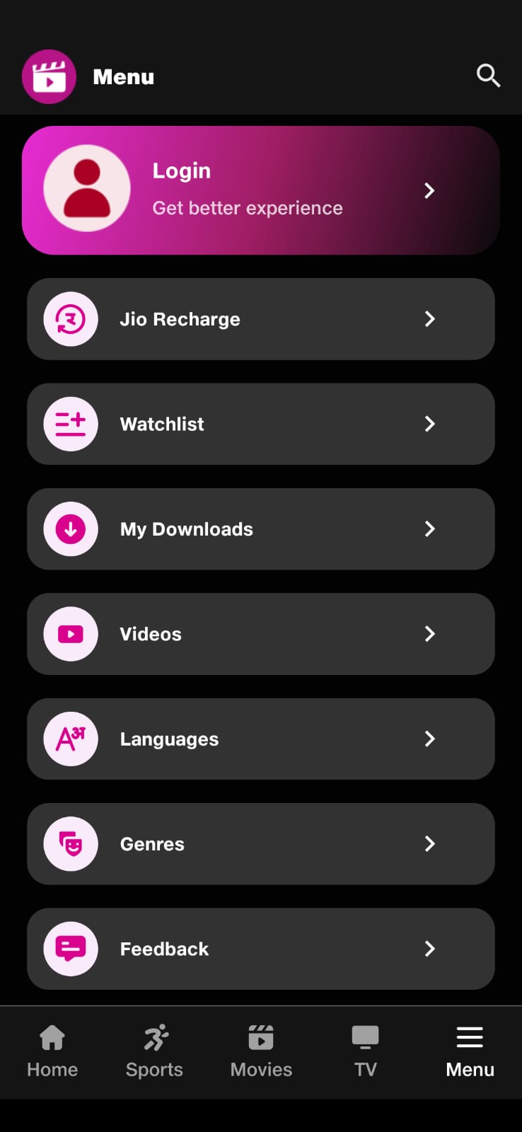 JioCinema APK Login Menu