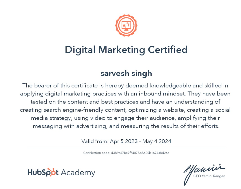 Digital Marketing Certificate by Hubspot