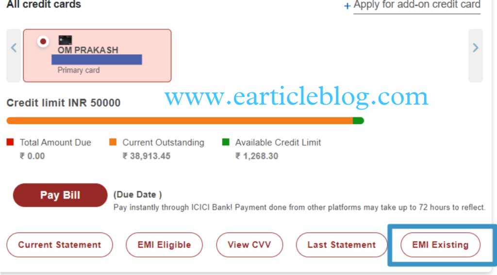 ICICI Bank Credit Card Panel On Internet Banking