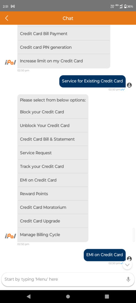 iPal Chatbot Credit Card Support .