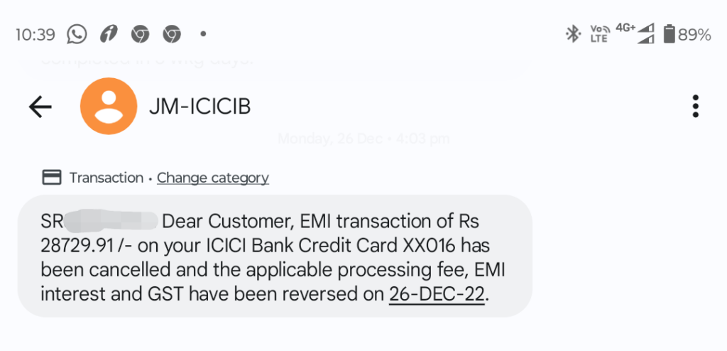 EMI Cancellation Request Snapshot