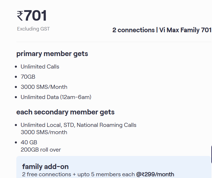 Vi 701 Max Family Plan for 2 Members
