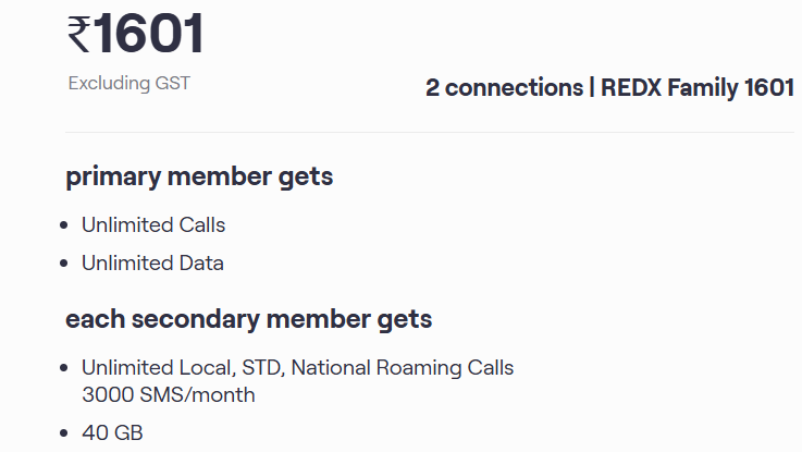 Vodafone Rs 1601 REDX Family Plan