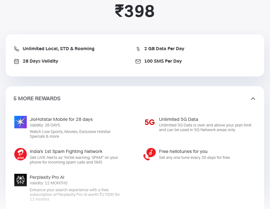 Rs 398 Airtel unlimited data plan 5G
