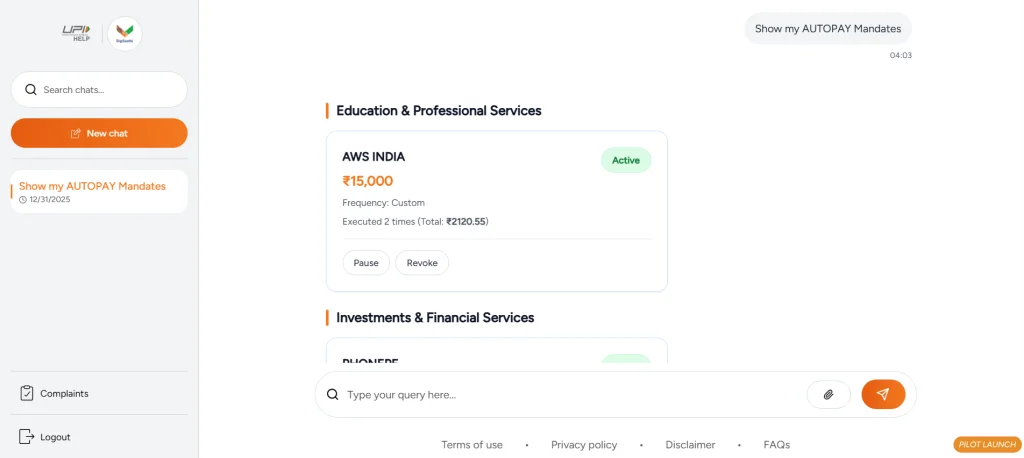 Show my AUTOPAY Mandates feature on UPIHELP