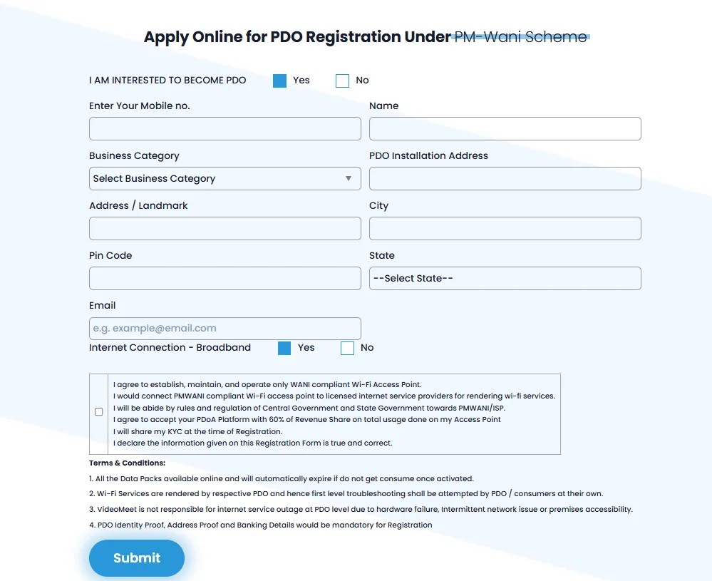 PM Wani Wi-Fi Scheme (PDO)