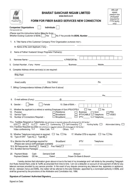 Bsnl fiber new connection form