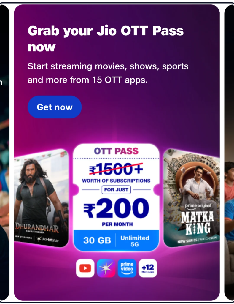 Jio OTT Pass at Rs 200: 15 OTT Apps, 1000+ Live TV Channels and 30 GB Data for 28 Days 2 Jio OTT Pass Rs 200 pricing