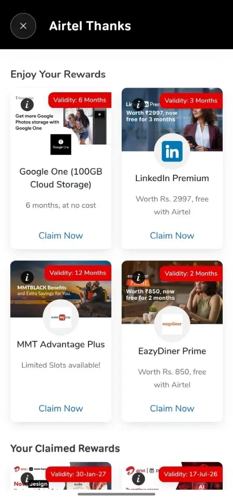 Airtel Thanks app showing Airtel Insider offer cards