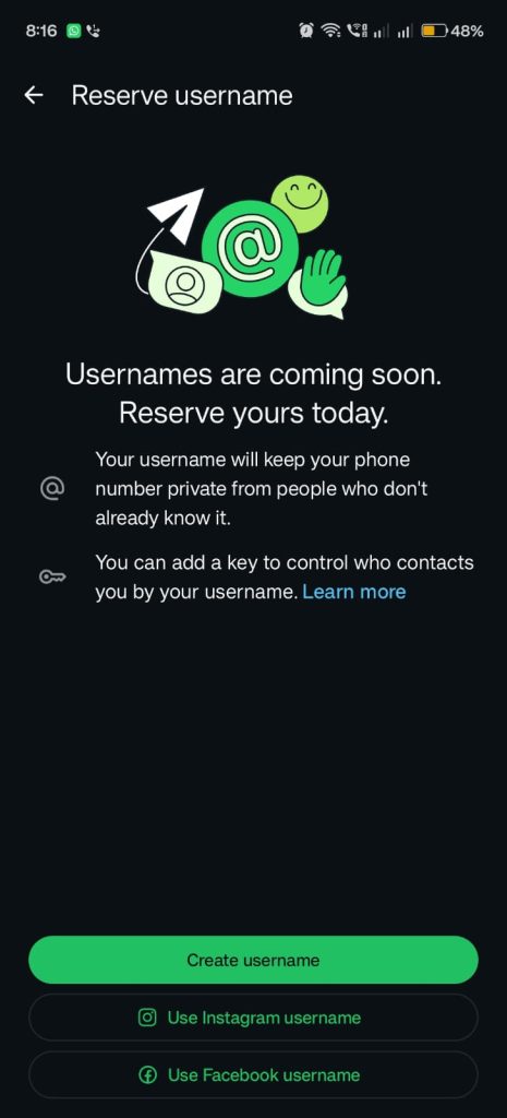 reserve username screen whatsapp