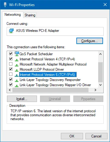 disable ipv6 windows network adapter properties
